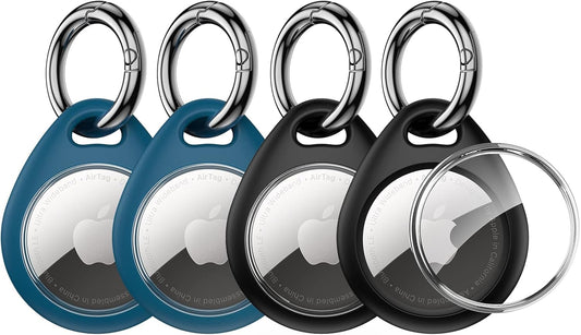 Apple AirTag TPU Protective Case 4-Pack with Keyring - Snug Fit, Easy Installation, Anti-Scratch 360° Full Body Holder for Keys, Pets, and Bags - Includes 2 Black and 2 Blue Cases