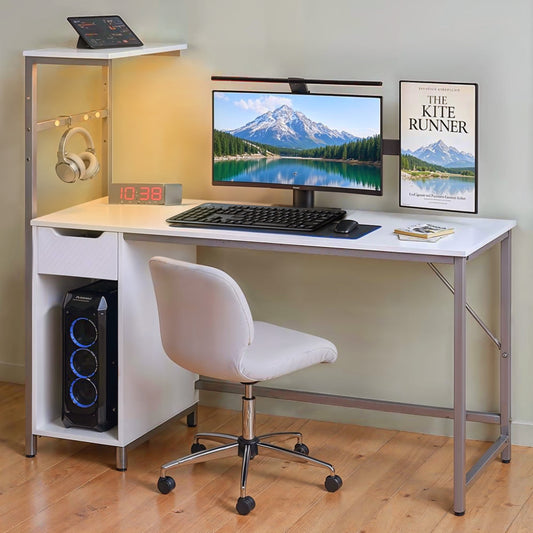 48 Inch LED Computer Gaming Desk with Drawer, Home Office PC Table with Storage Shelf in White